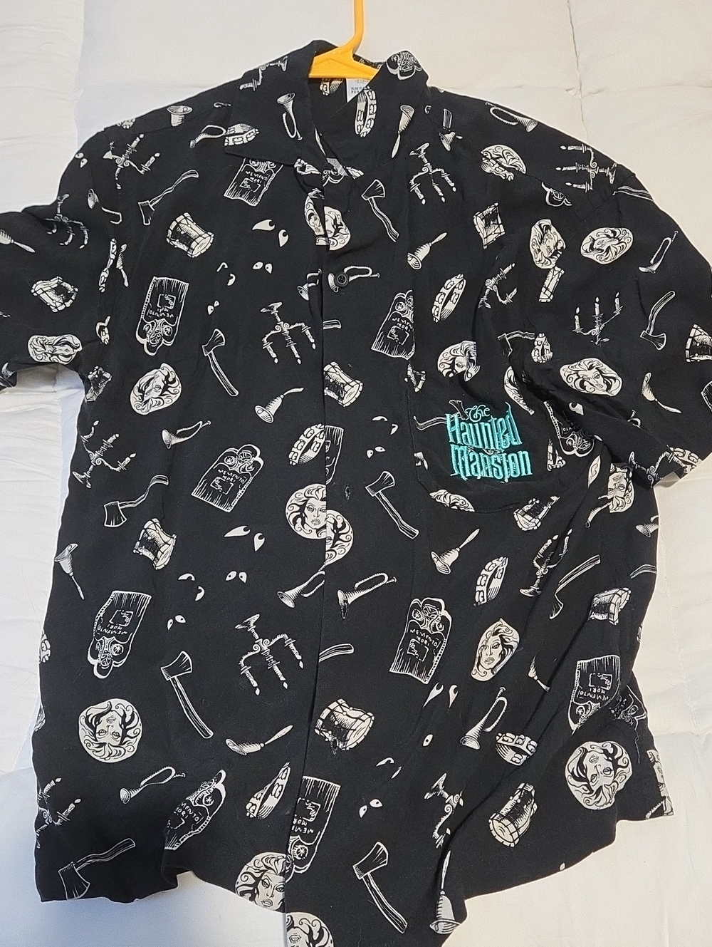 Disney Haunted Mansion Black Short-Sleeve Button-Down Shirt with White Prints